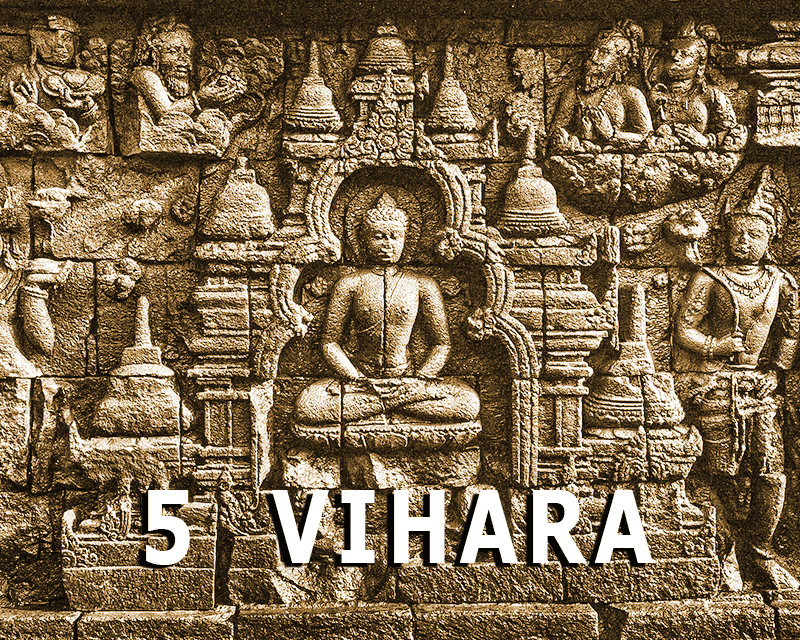 Cover image of the "5 Vihara" article, with a picture of a Borobudur relief panel as the background.